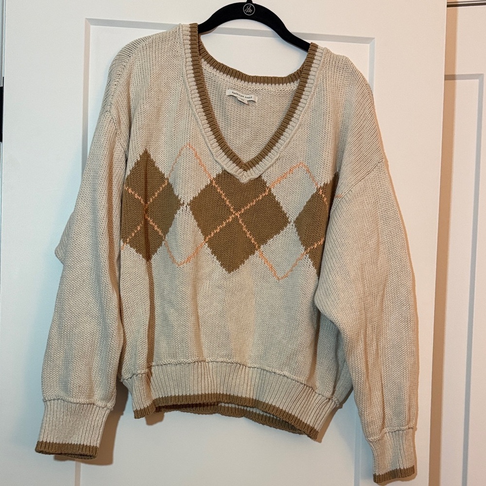 American Eagle Outfitters Beige Argyle V-Neck Sweater